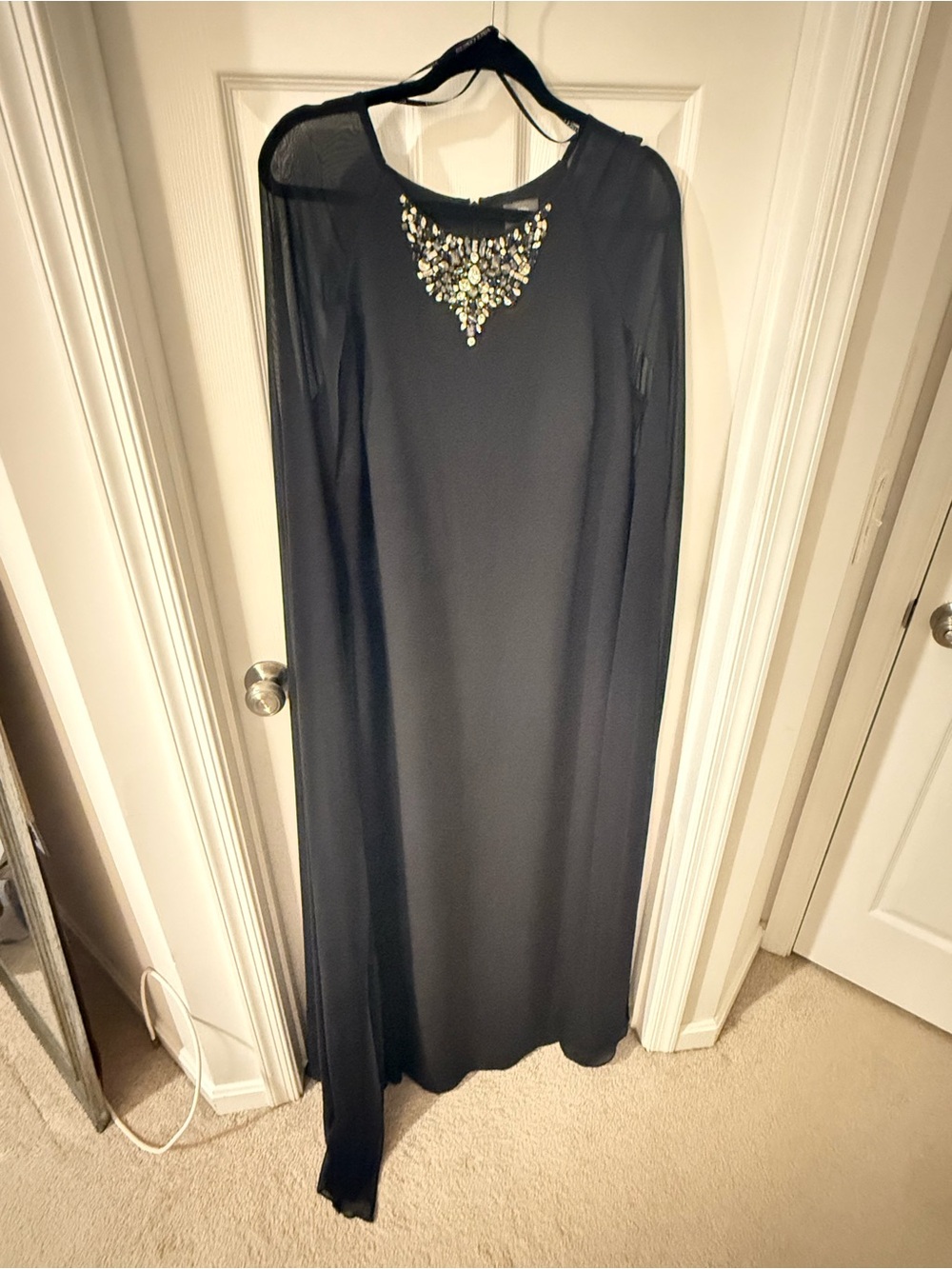 Vince Camuto Black Chiffon Caped Gown with Jeweled Neckline